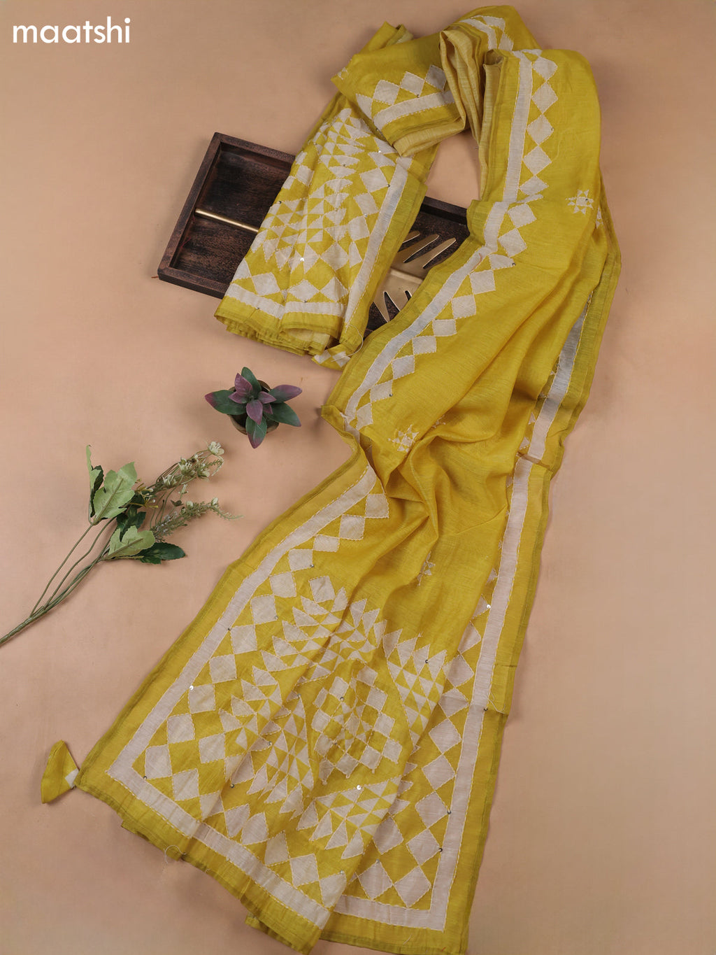 Yellow Munga Cotton Dress Material With Kantha Stitch Work Pattern