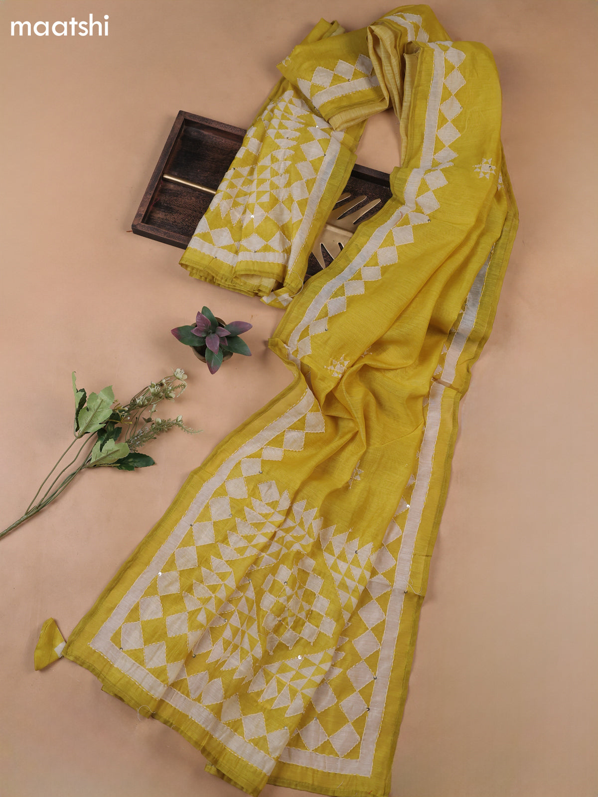 Yellow Munga Cotton Dress Material With Kantha Stitch Work Pattern