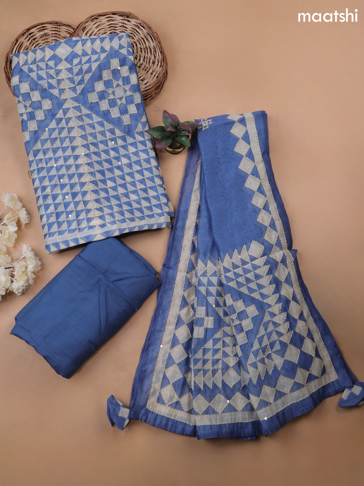 Blue Munga Cotton Dress Material With Kantha Stitch Work Pattern
