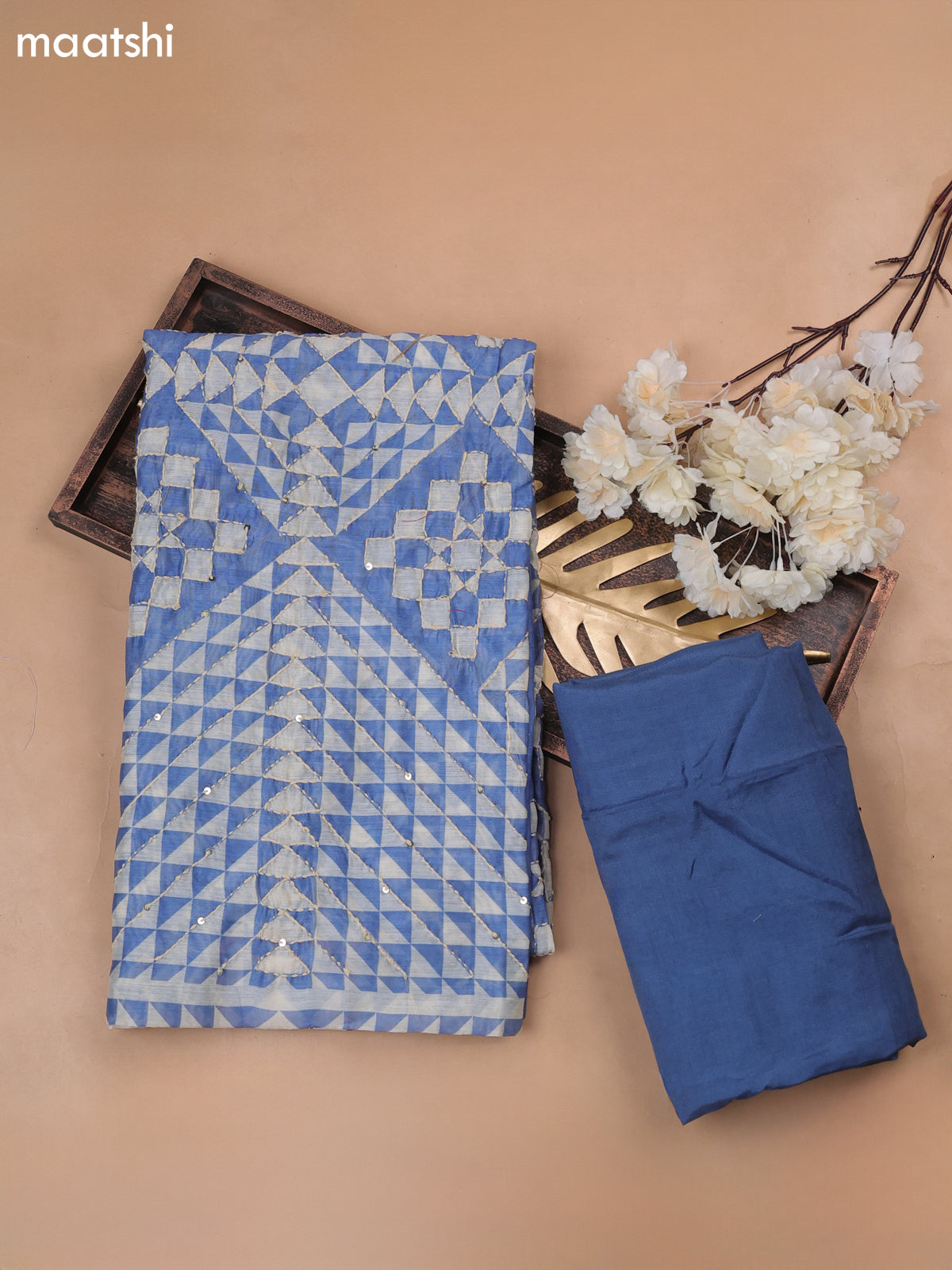 Blue Munga Cotton Dress Material With Kantha Stitch Work Pattern