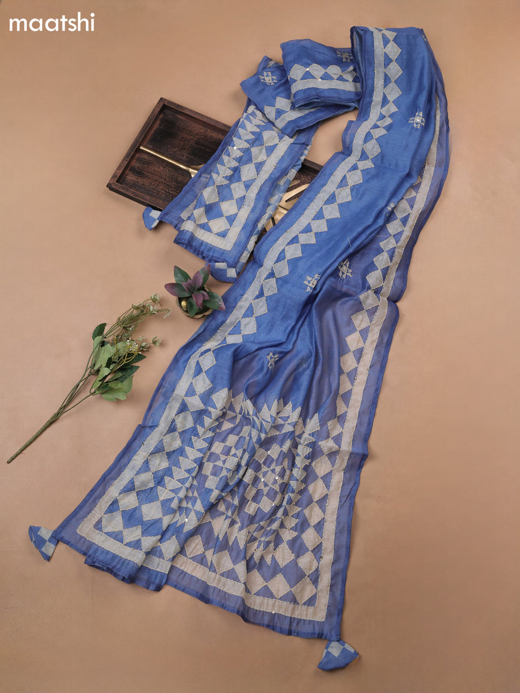 Blue Munga Cotton Dress Material With Kantha Stitch Work Pattern