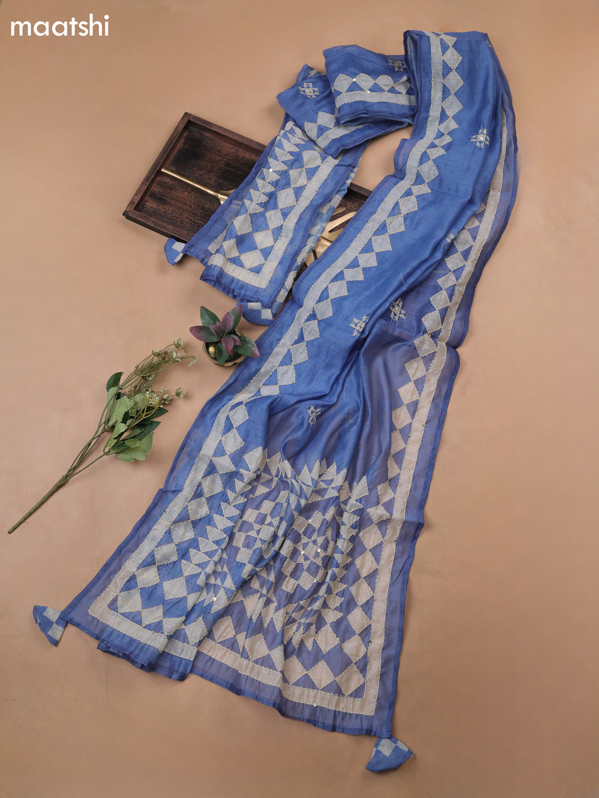 Blue Munga Cotton Dress Material With Kantha Stitch Work Pattern