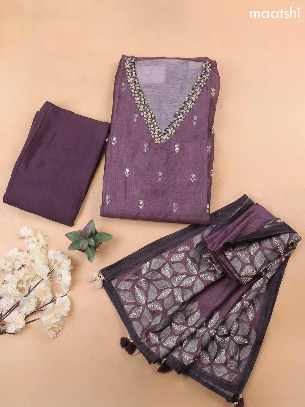 Wine Chanderi Dress Material With Kantha Stitch Work Pattern