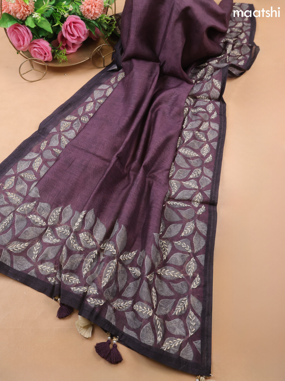 Wine Chanderi Dress Material With Kantha Stitch Work Pattern