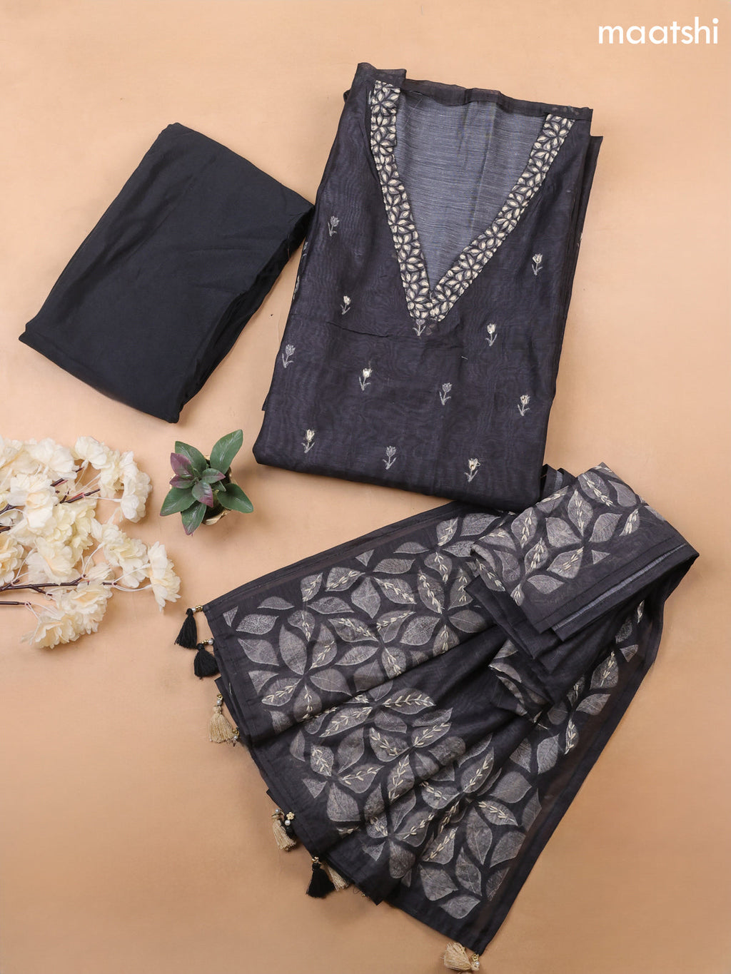 Black Chanderi Dress Material With Kantha Stitch Work Pattern
