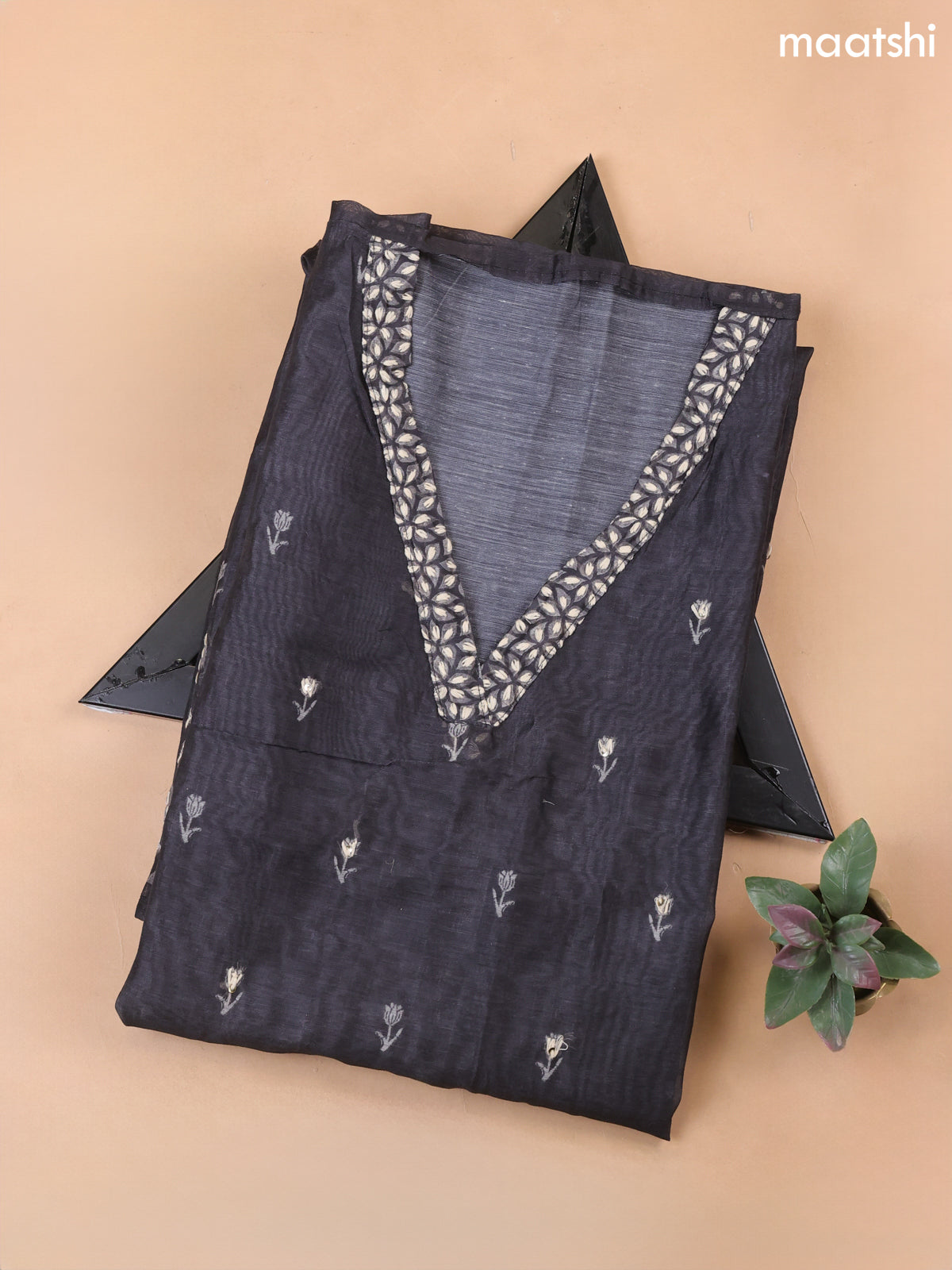 Black Chanderi Dress Material With Kantha Stitch Work Pattern