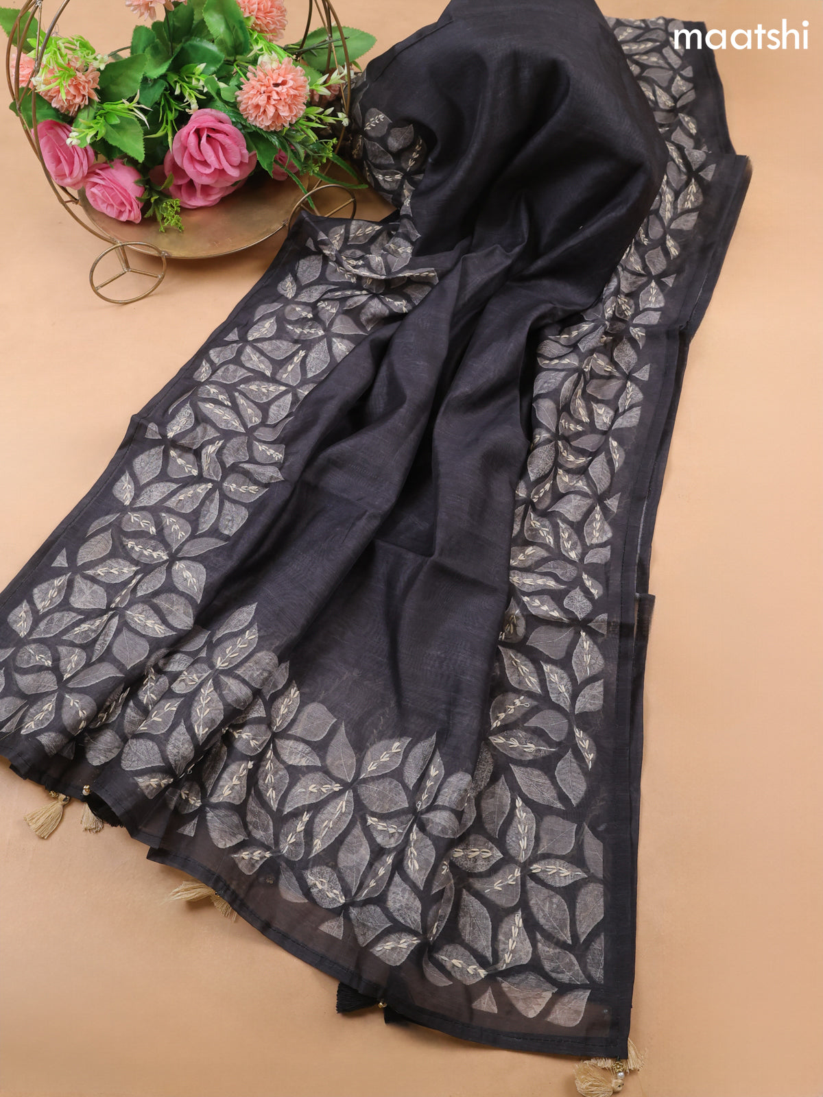 Black Chanderi Dress Material With Kantha Stitch Work Pattern