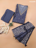 Dark Peacock Blue Chanderi Dress Material With Kantha Stitch Work Pattern