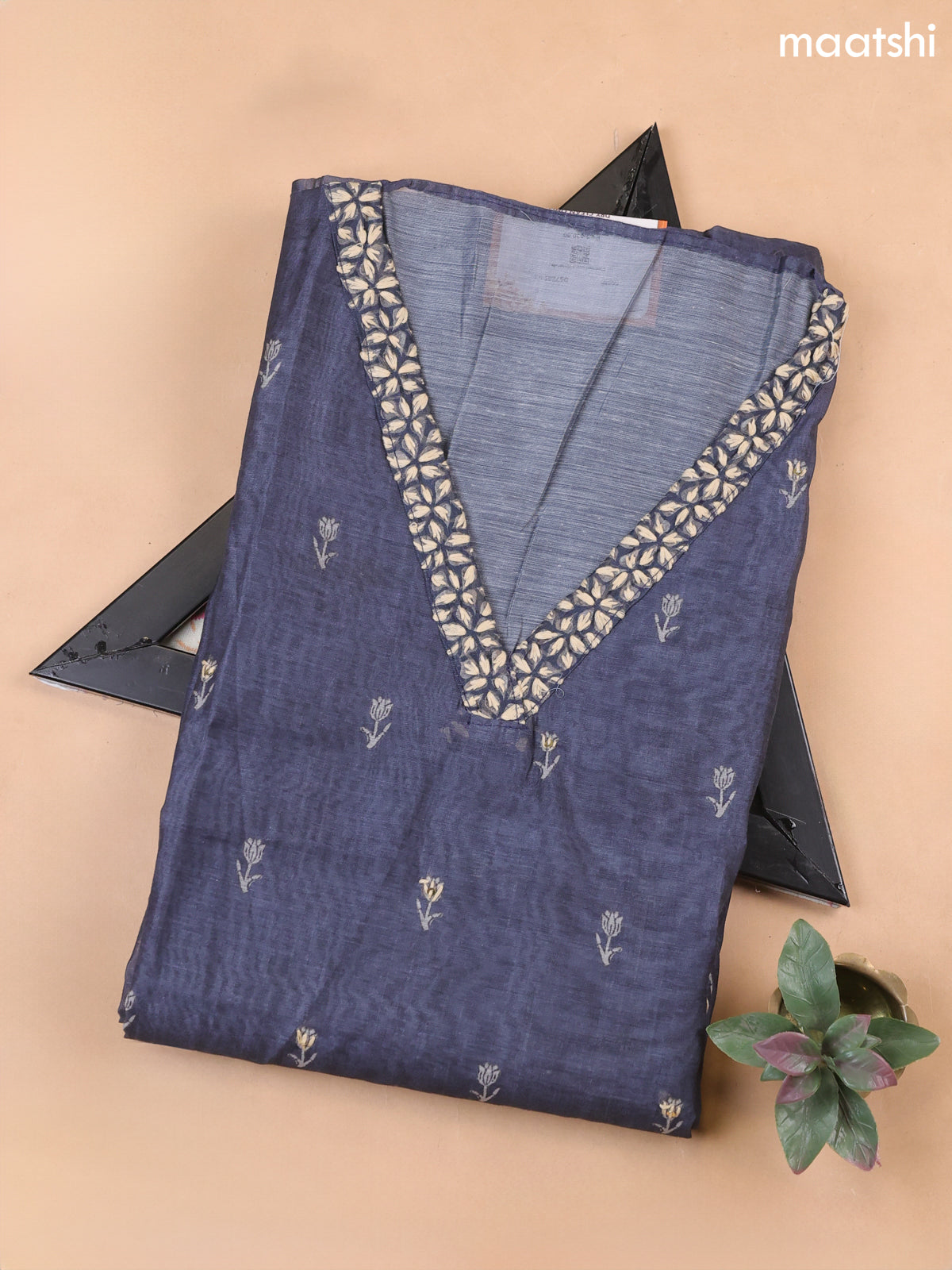 Dark Peacock Blue Chanderi Dress Material With Kantha Stitch Work Pattern