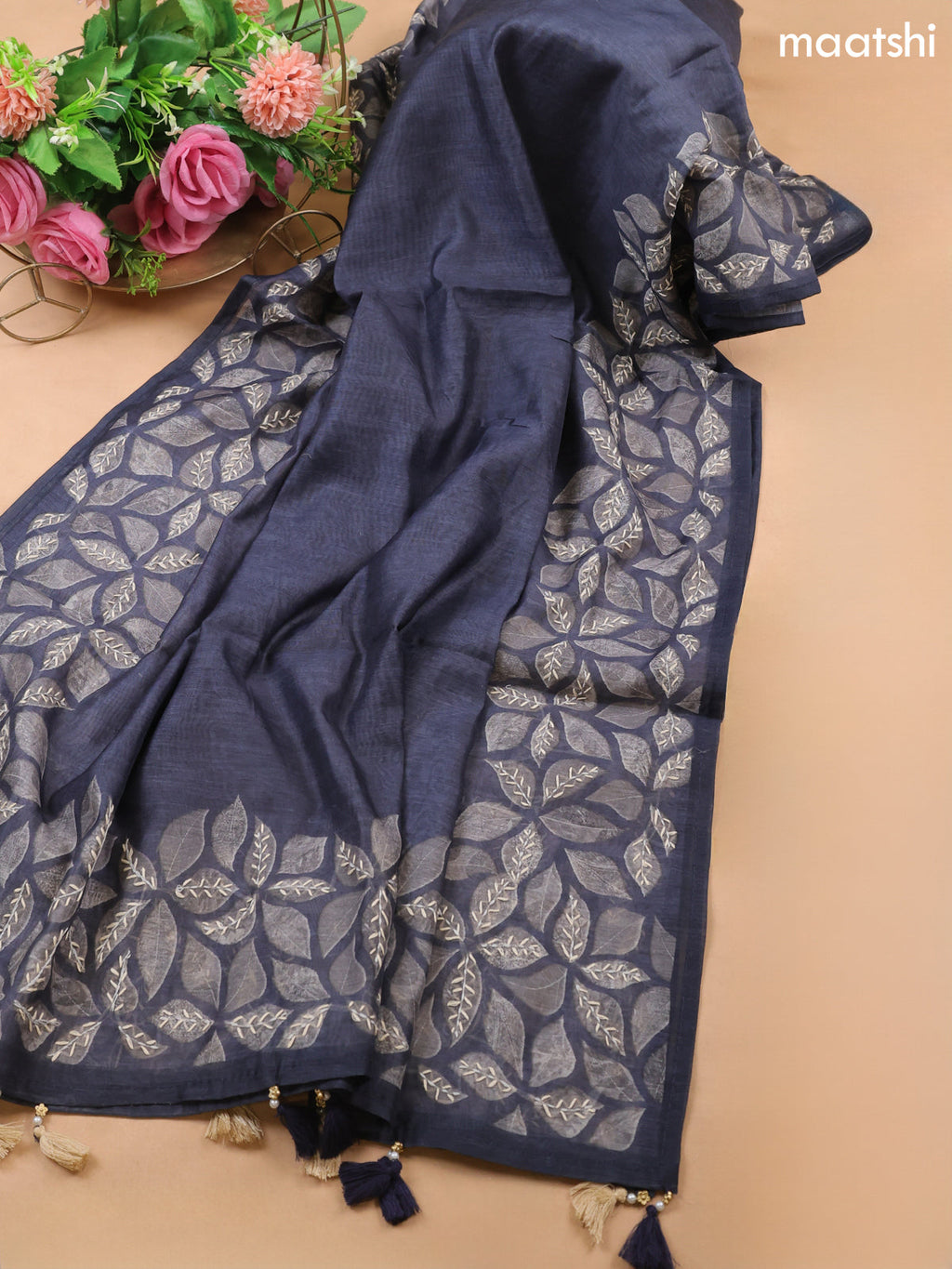 Dark Peacock Blue Chanderi Dress Material With Kantha Stitch Work Pattern