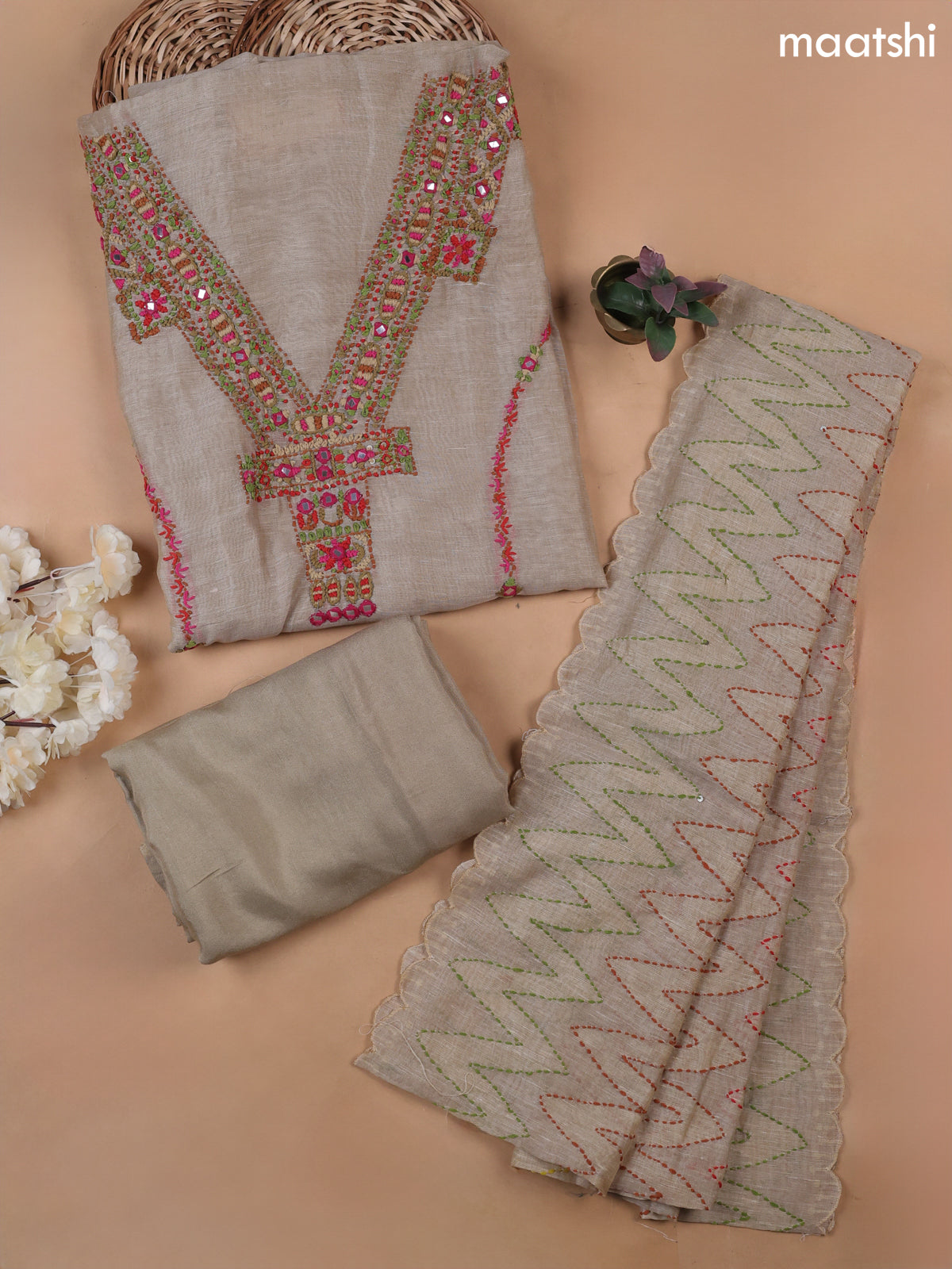 Beige Munga Cotton Dress Material With French Knot & Embroidery Work Neck Pattern