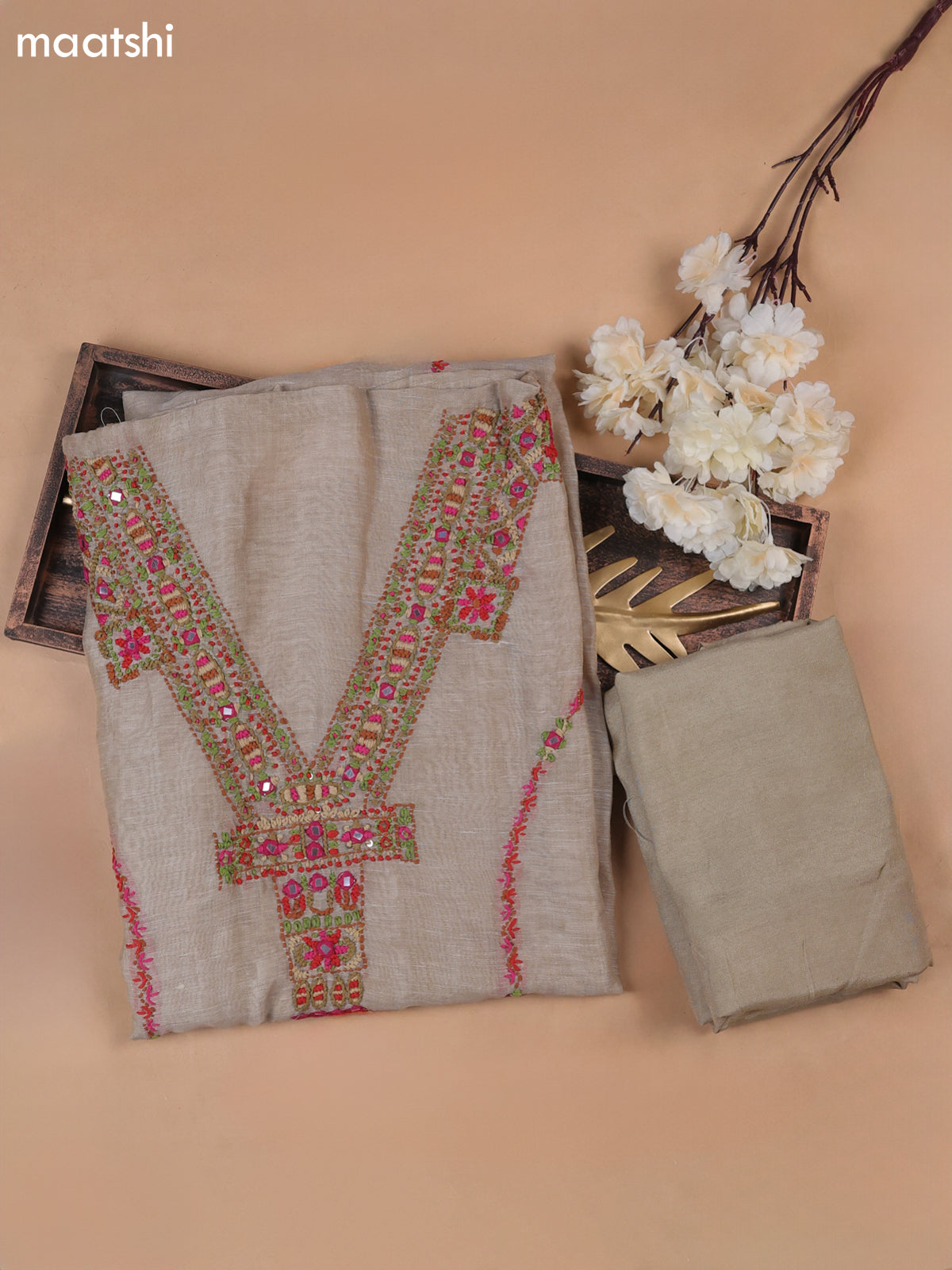 Beige Munga Cotton Dress Material With French Knot & Embroidery Work Neck Pattern