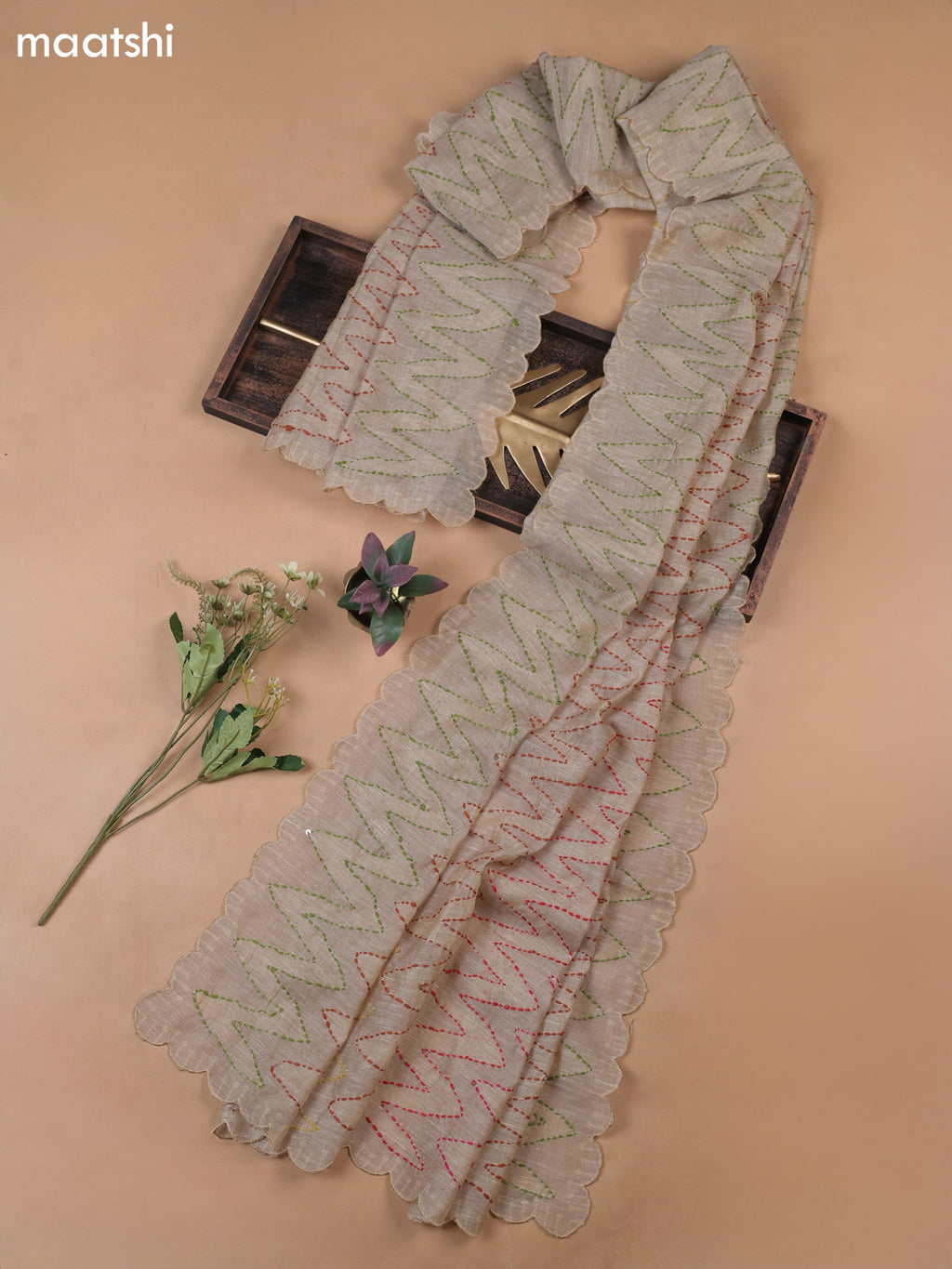 Beige Munga Cotton Dress Material With French Knot & Embroidery Work Neck Pattern