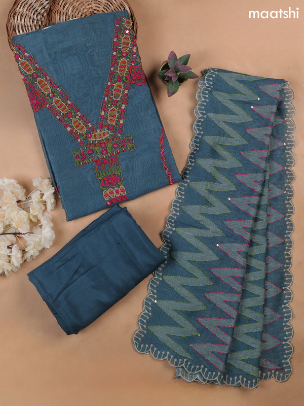 Peacock Blue Munga Cotton Dress Material With French Knot & Embroidery Work Neck Pattern