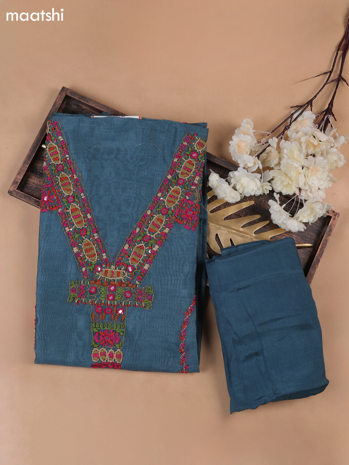 Peacock Blue Munga Cotton Dress Material With French Knot & Embroidery Work Neck Pattern