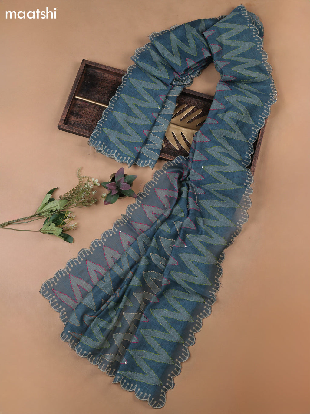 Peacock Blue Munga Cotton Dress Material With French Knot & Embroidery Work Neck Pattern