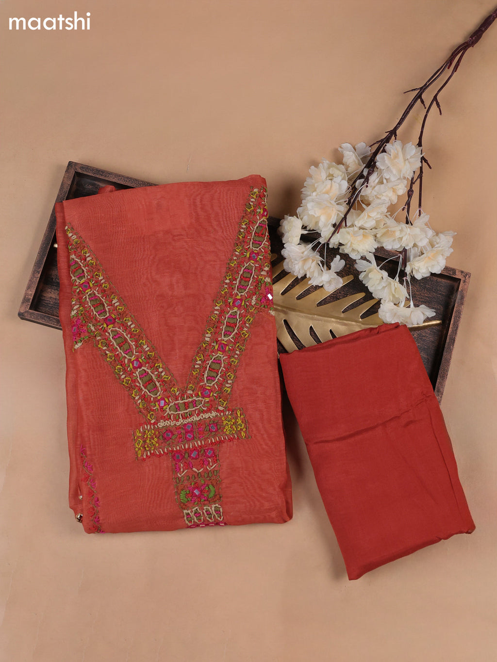 Rustic Orange Munga Cotton Dress Material With French Knot & Embroidery Work Neck Pattern