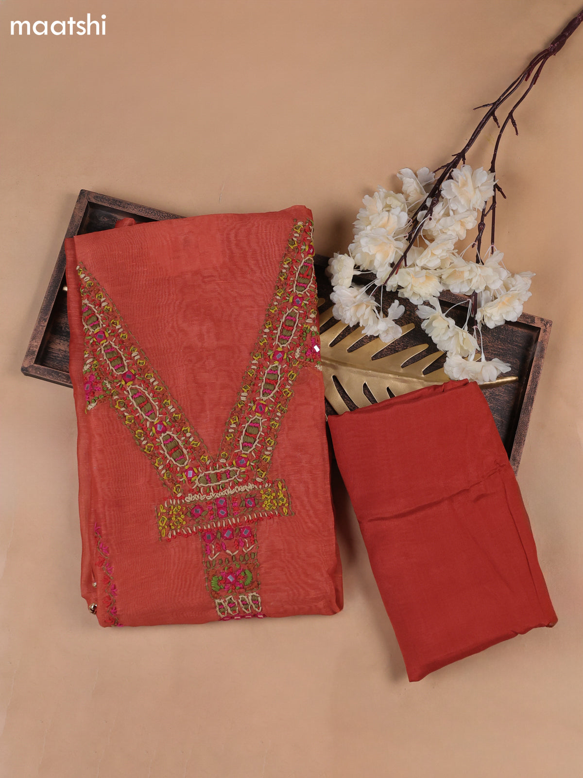 Rustic Orange Munga Cotton Dress Material With French Knot & Embroidery Work Neck Pattern