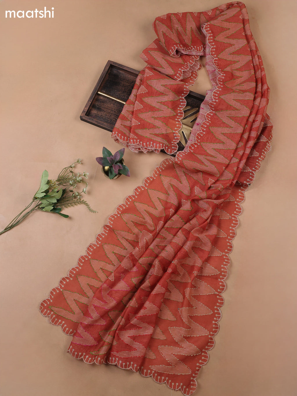 Rustic Orange Munga Cotton Dress Material With French Knot & Embroidery Work Neck Pattern