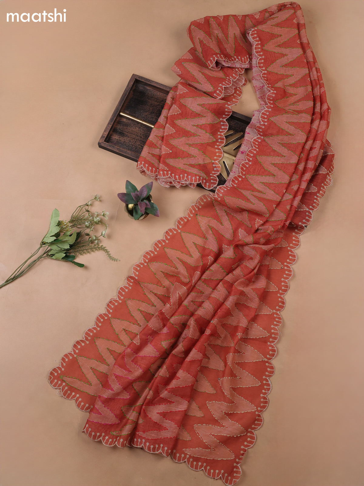 Rustic Orange Munga Cotton Dress Material With French Knot & Embroidery Work Neck Pattern
