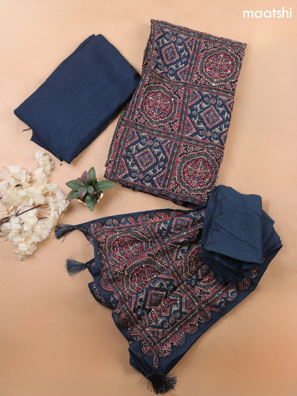 Peacock Blue Mul Chanderi Dress Material With Allover Ajrakh Prints & Kantha Stitch Work Pattern