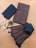Peacock Blue Mul Chanderi Dress Material With Allover Ajrakh Prints & Kantha Stitch Work Pattern