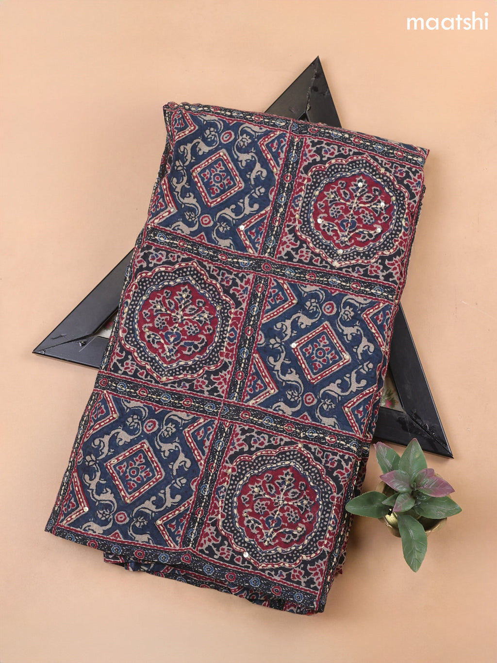 Peacock Blue Mul Chanderi Dress Material With Allover Ajrakh Prints & Kantha Stitch Work Pattern