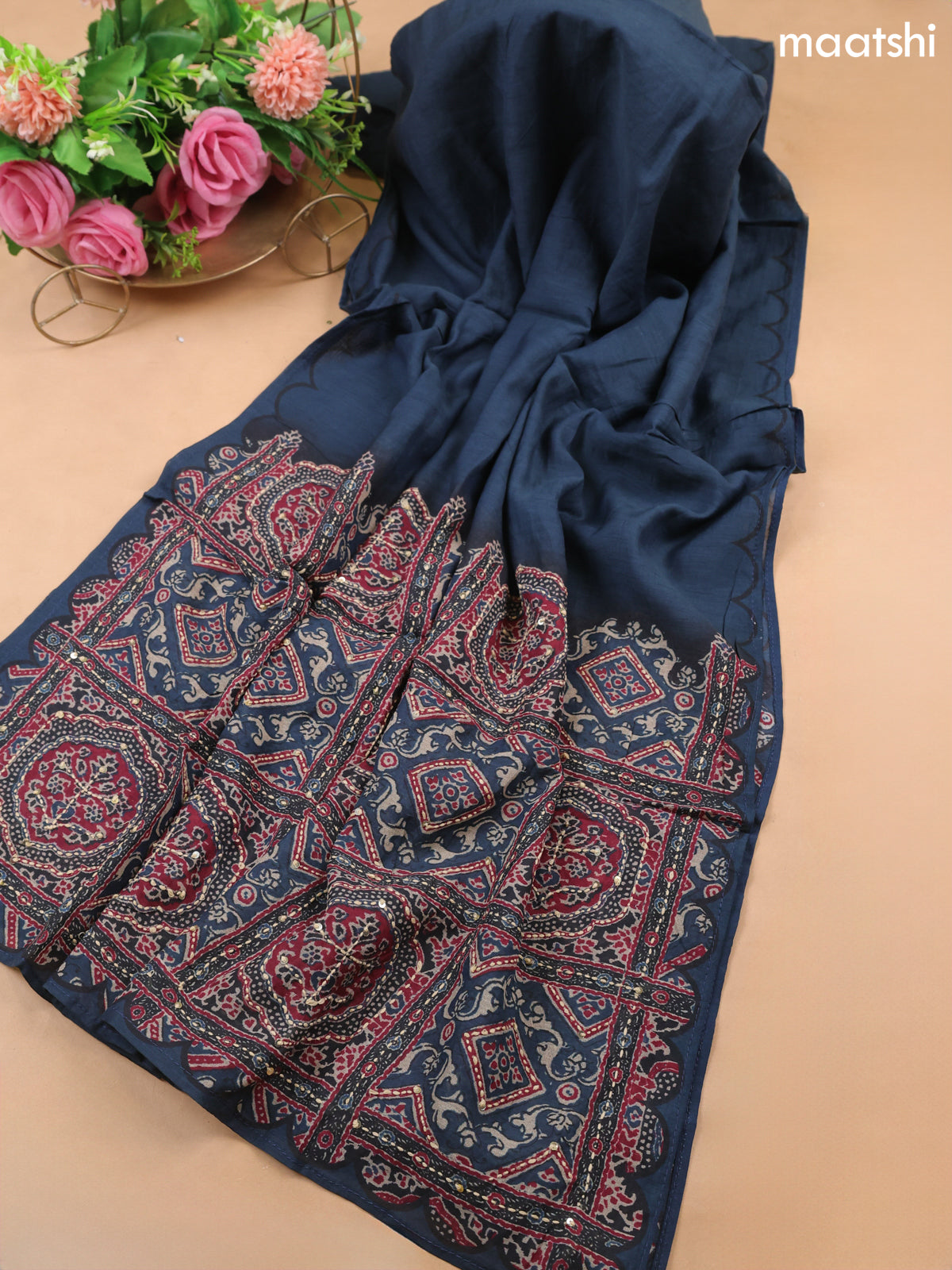 Peacock Blue Mul Chanderi Dress Material With Allover Ajrakh Prints & Kantha Stitch Work Pattern