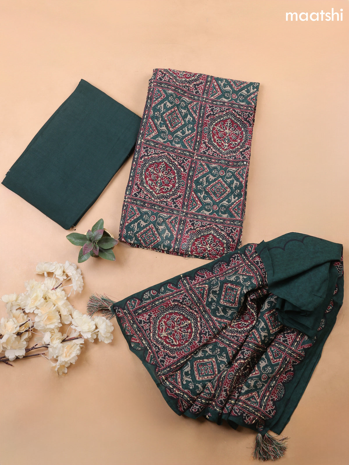 Green Mul Chanderi Dress Material With Allover Ajrakh Prints & Kantha Stitch Work Pattern
