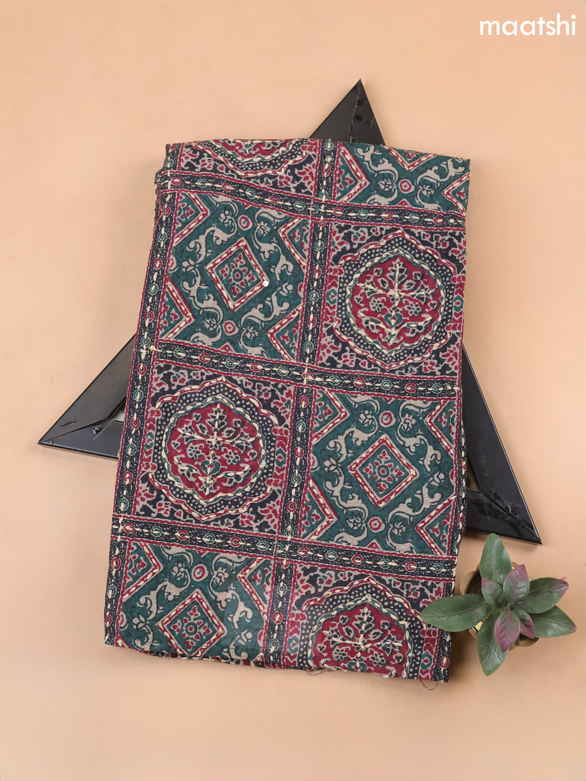 Green Mul Chanderi Dress Material With Allover Ajrakh Prints & Kantha Stitch Work Pattern