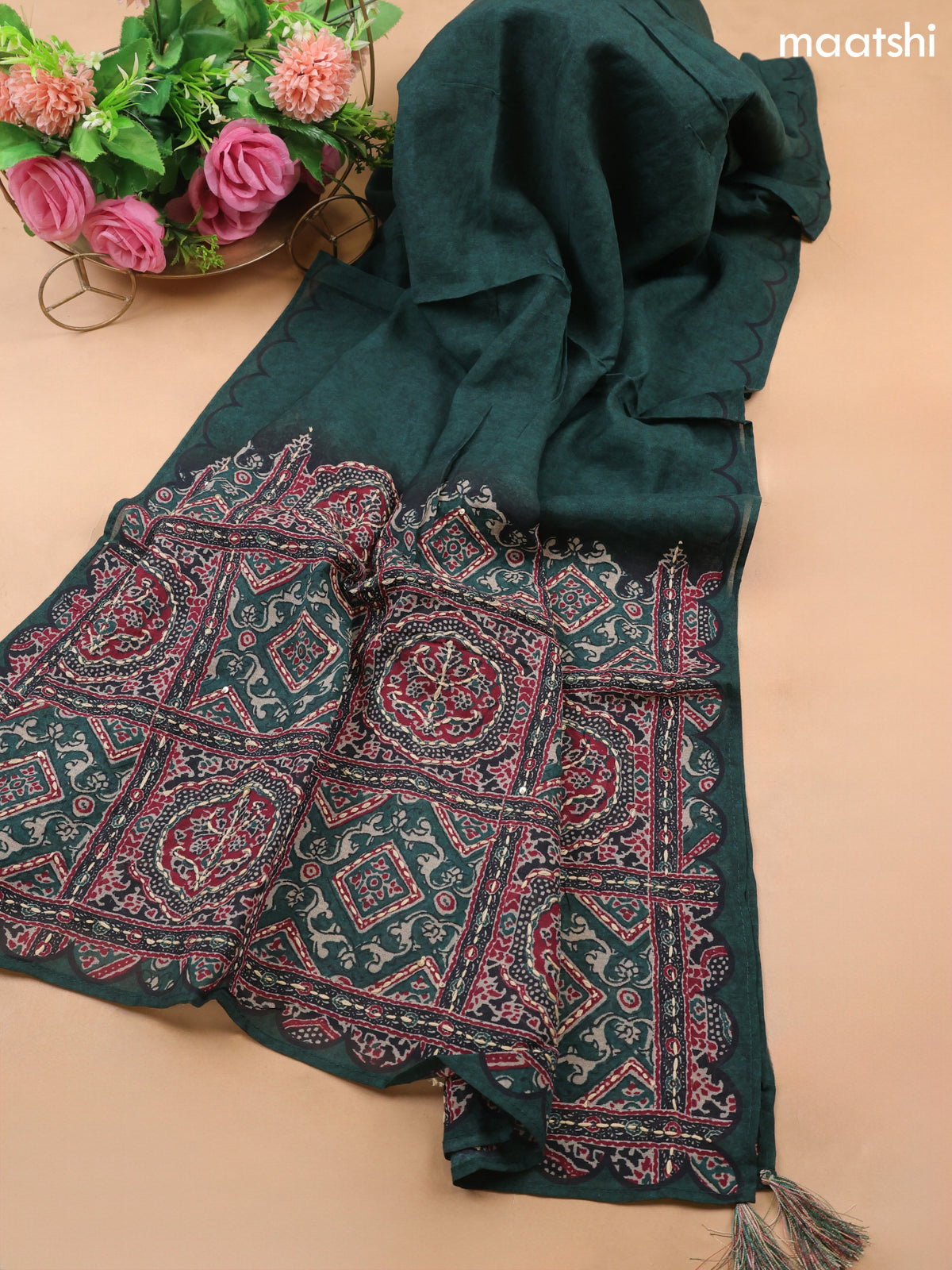 Green Mul Chanderi Dress Material With Allover Ajrakh Prints & Kantha Stitch Work Pattern