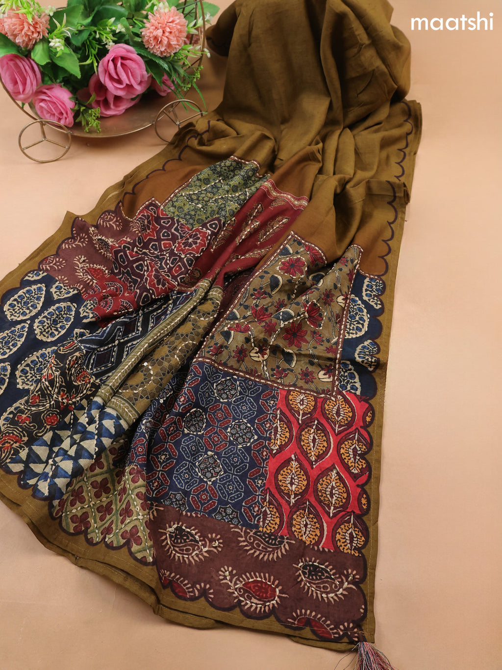 Multi Colour and Mehendi Green Mul Chanderi Dress Material With Allover Ajrakh Prints & Kantha Stitch Work Pattern