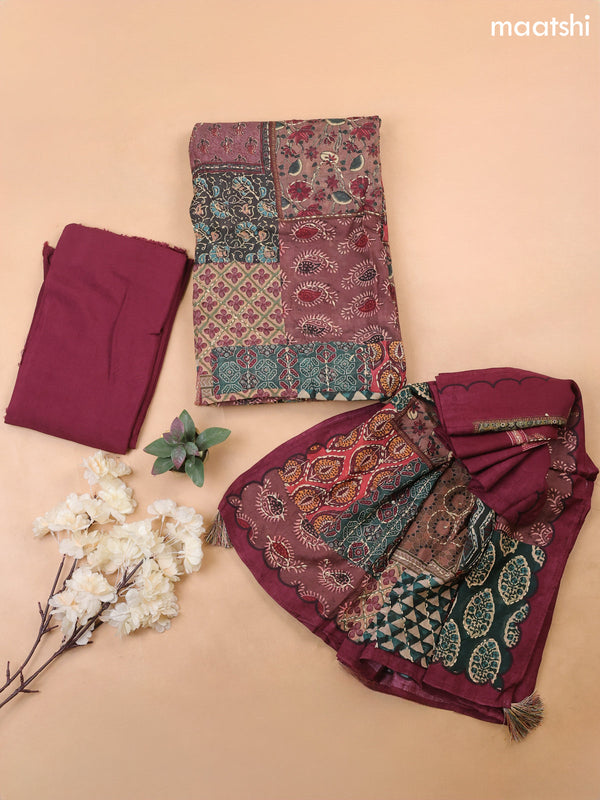 Multi Colour and Maroon Mul Chanderi Dress Material With Allover Ajrakh Prints & Kantha Stitch Work Pattern