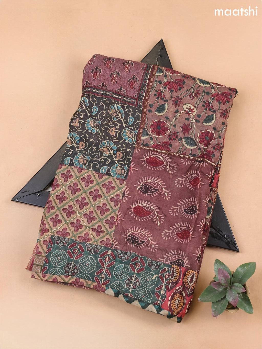 Multi Colour and Maroon Mul Chanderi Dress Material With Allover Ajrakh Prints & Kantha Stitch Work Pattern