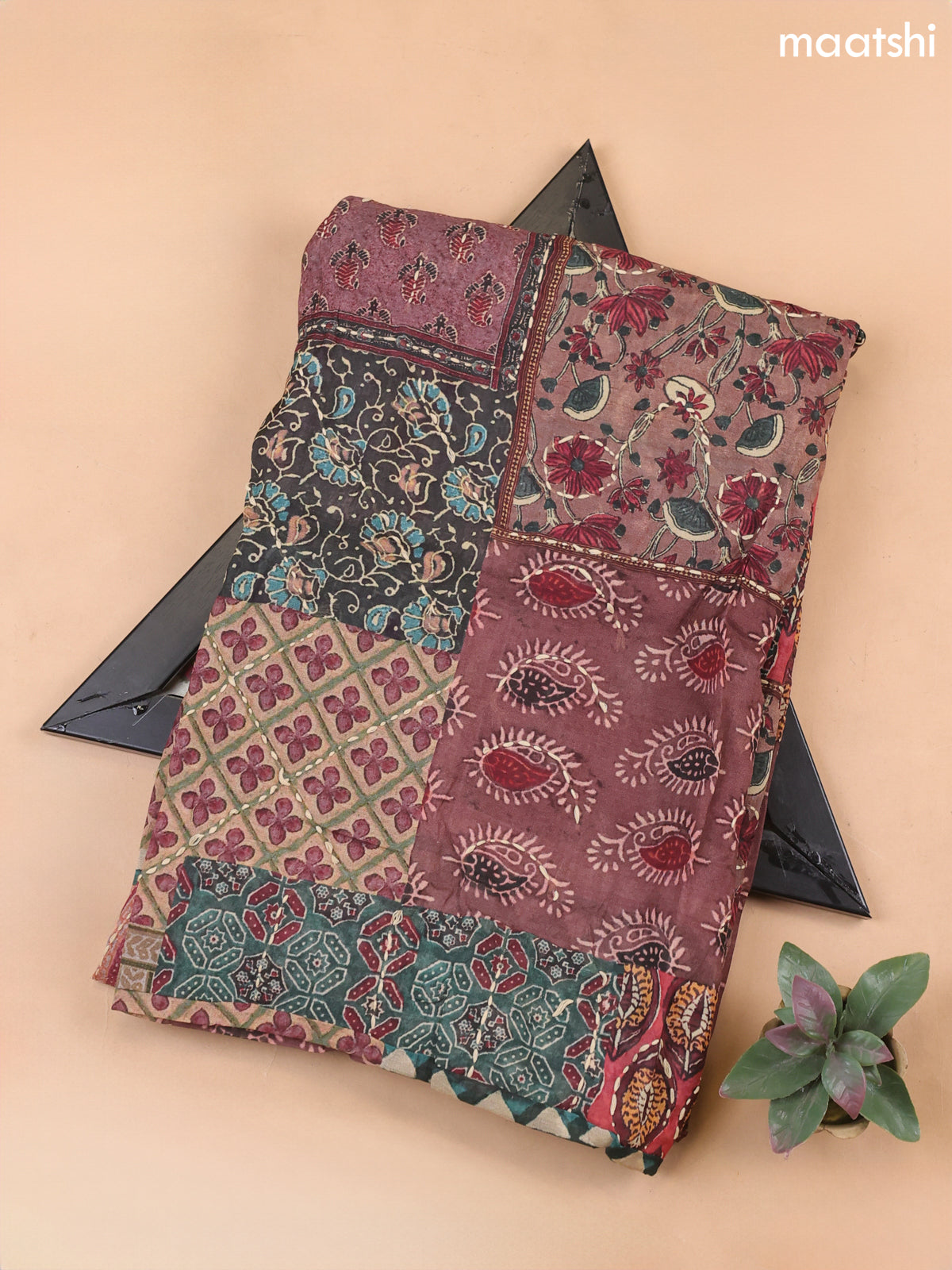 Multi Colour and Maroon Mul Chanderi Dress Material With Allover Ajrakh Prints & Kantha Stitch Work Pattern