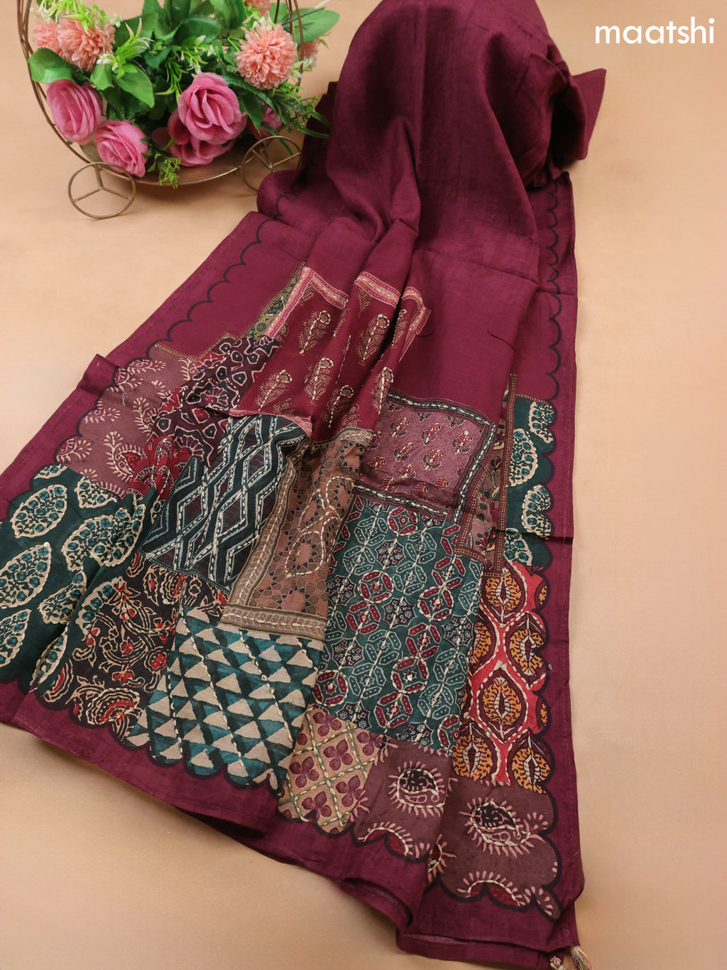Multi Colour and Maroon Mul Chanderi Dress Material With Allover Ajrakh Prints & Kantha Stitch Work Pattern