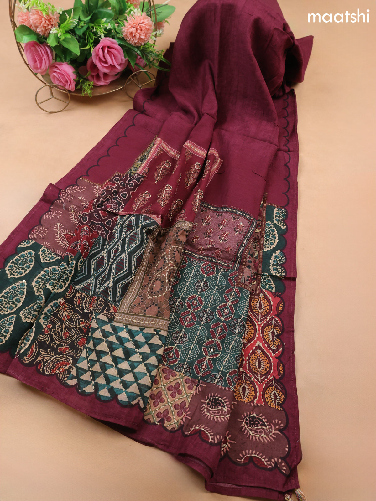 Multi Colour and Maroon Mul Chanderi Dress Material With Allover Ajrakh Prints & Kantha Stitch Work Pattern
