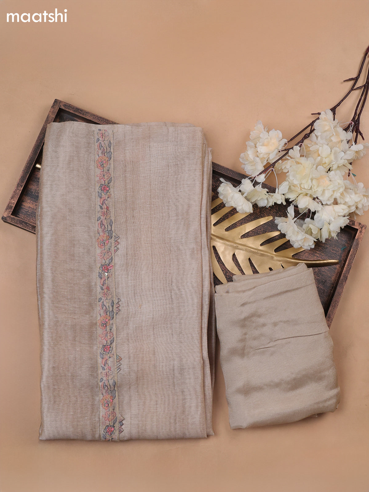 Beige Munga Cotton Dress Material With Embroidery Work Neck Pattern