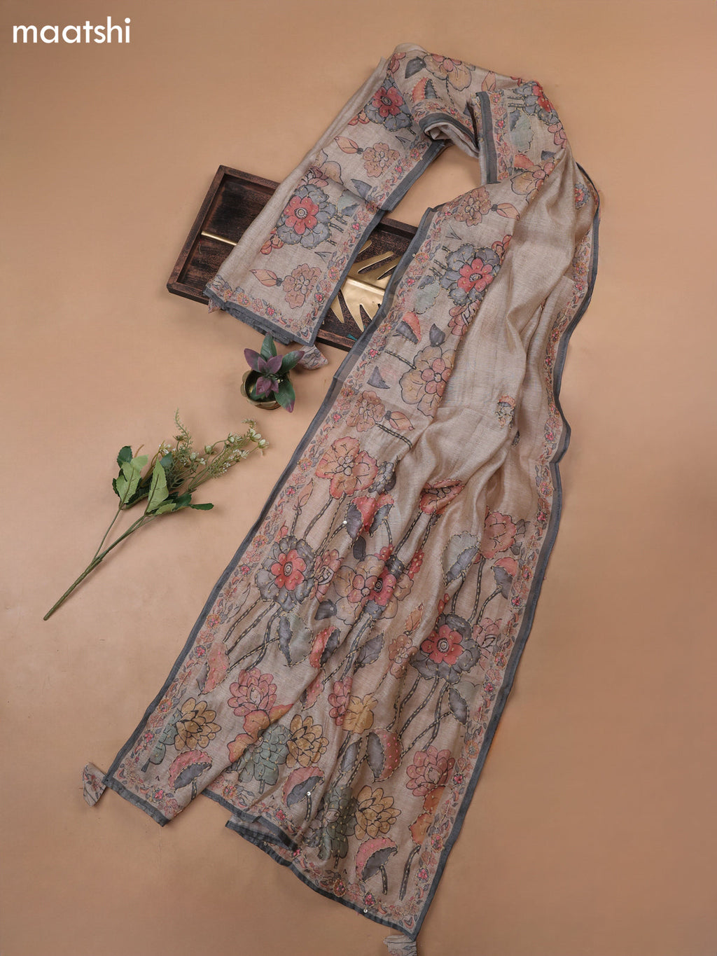 Beige Munga Cotton Dress Material With Embroidery Work Neck Pattern