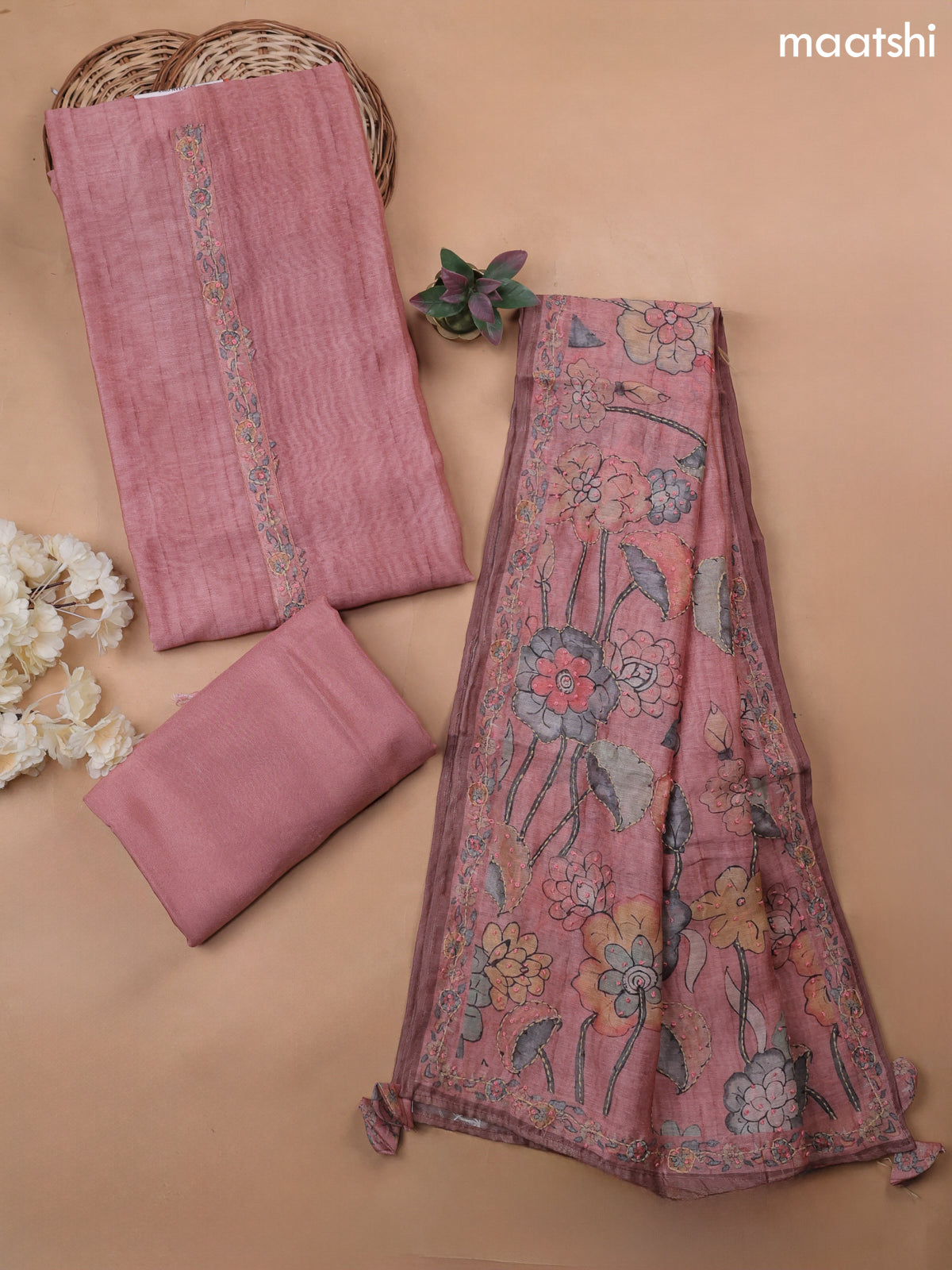 Peach Munga Cotton Dress Material With Embroidery Work Neck Pattern