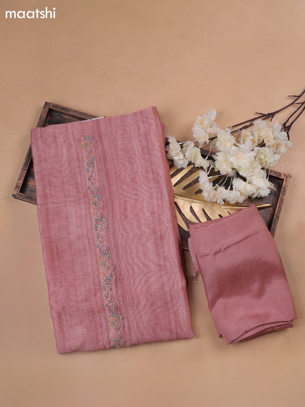 Peach Munga Cotton Dress Material With Embroidery Work Neck Pattern