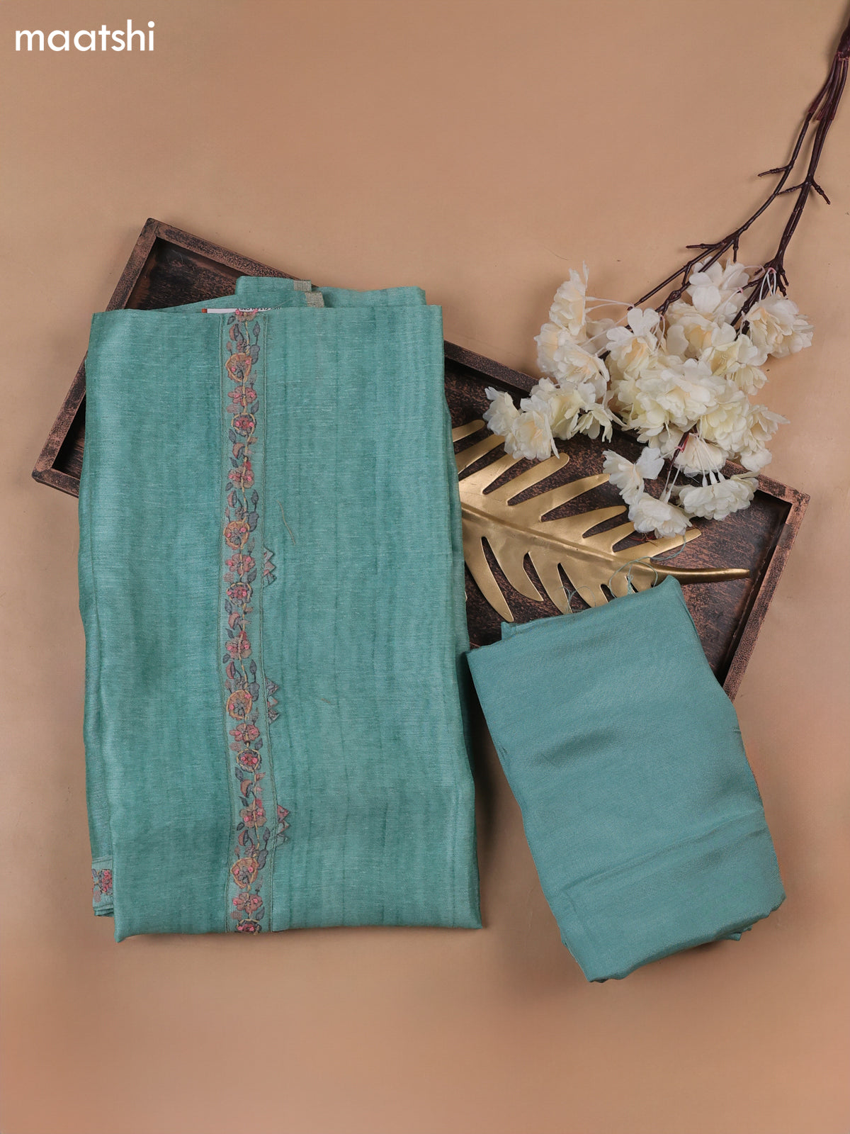 Teal Green Munga Cotton Dress Material With Embroidery Work Neck Pattern