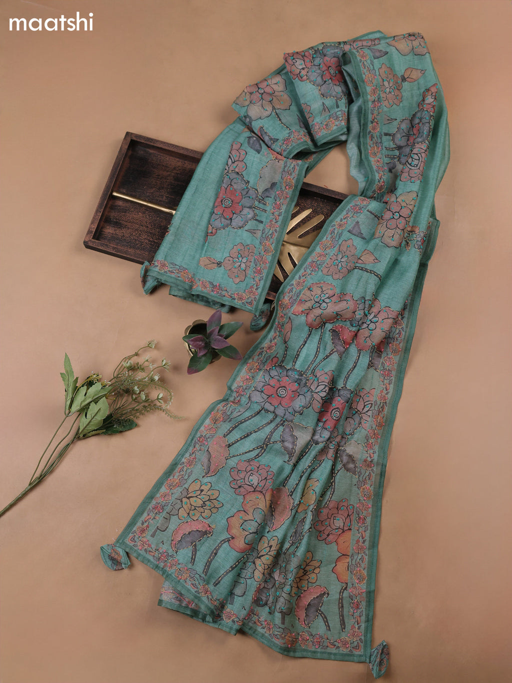 Teal Green Munga Cotton Dress Material With Embroidery Work Neck Pattern