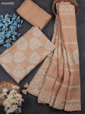 Mild Peach Tissue Linen Dress Material With Allover Floral Prints & Kantha Stitch Work Pattern