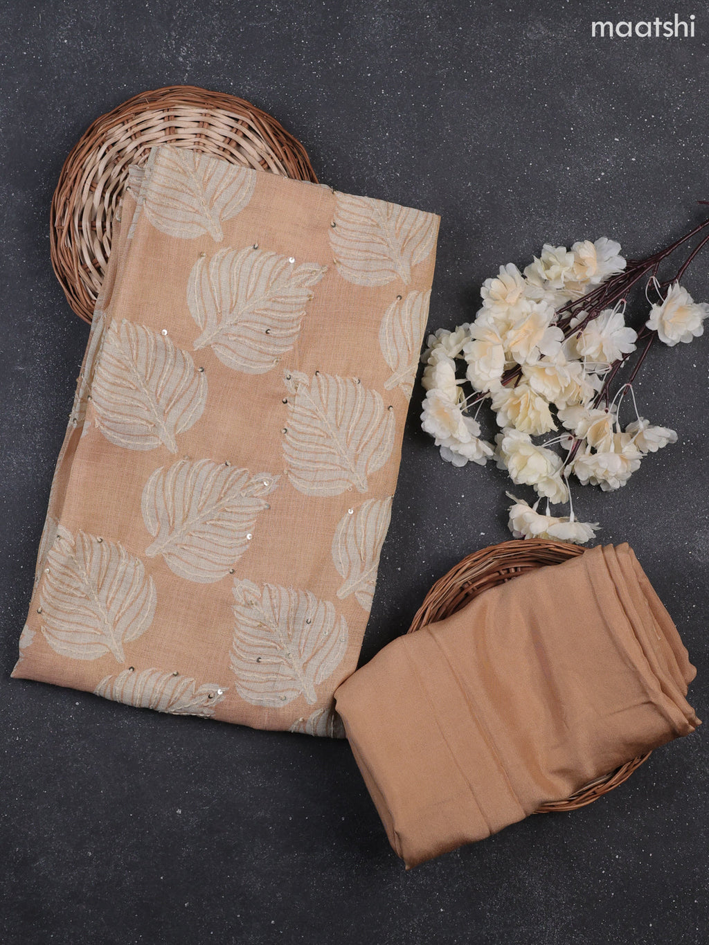 Mild Peach Tissue Linen Dress Material With Allover Floral Prints & Kantha Stitch Work Pattern