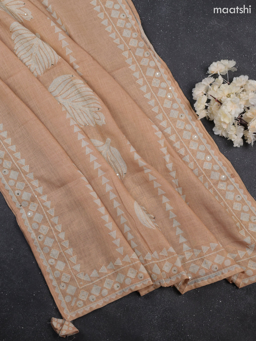 Mild Peach Tissue Linen Dress Material With Allover Floral Prints & Kantha Stitch Work Pattern