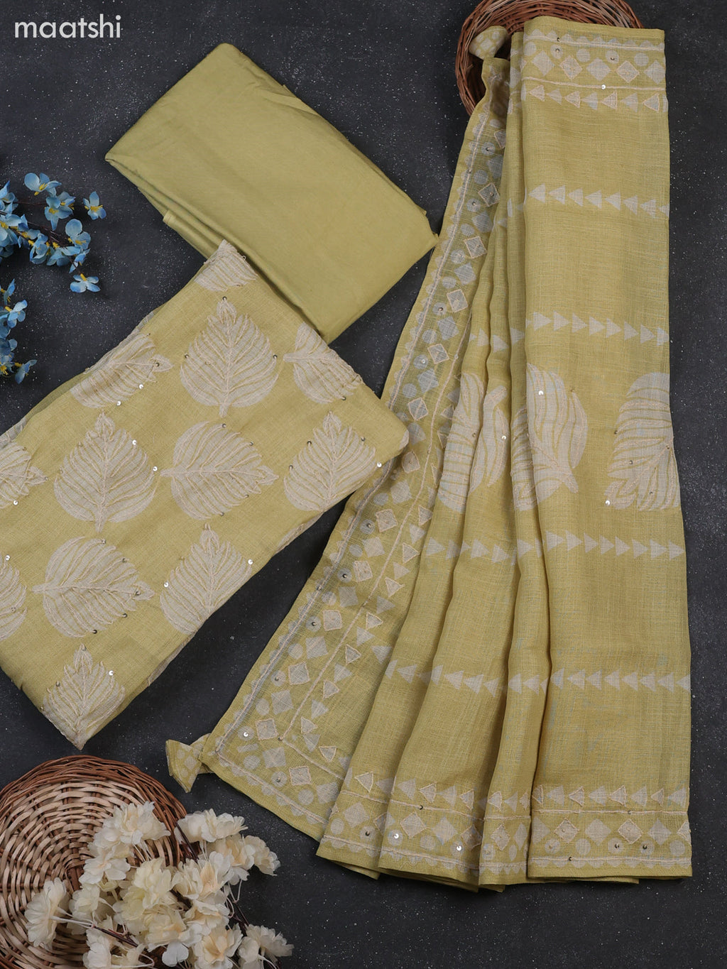 Mild Pista Green Tissue Linen Dress Material With Allover Floral Prints & Kantha Stitch Work Pattern