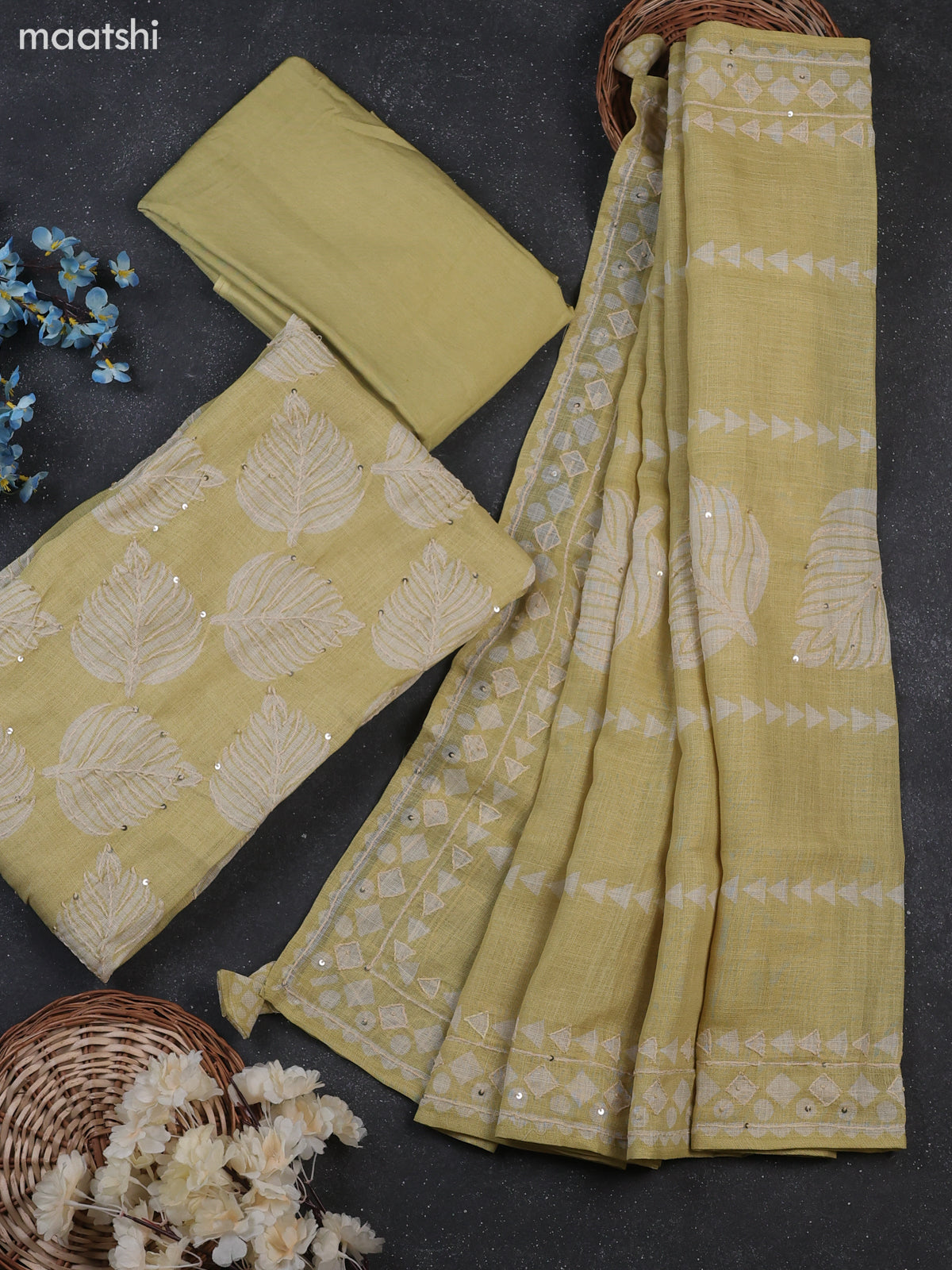 Mild Pista Green Tissue Linen Dress Material With Allover Floral Prints & Kantha Stitch Work Pattern