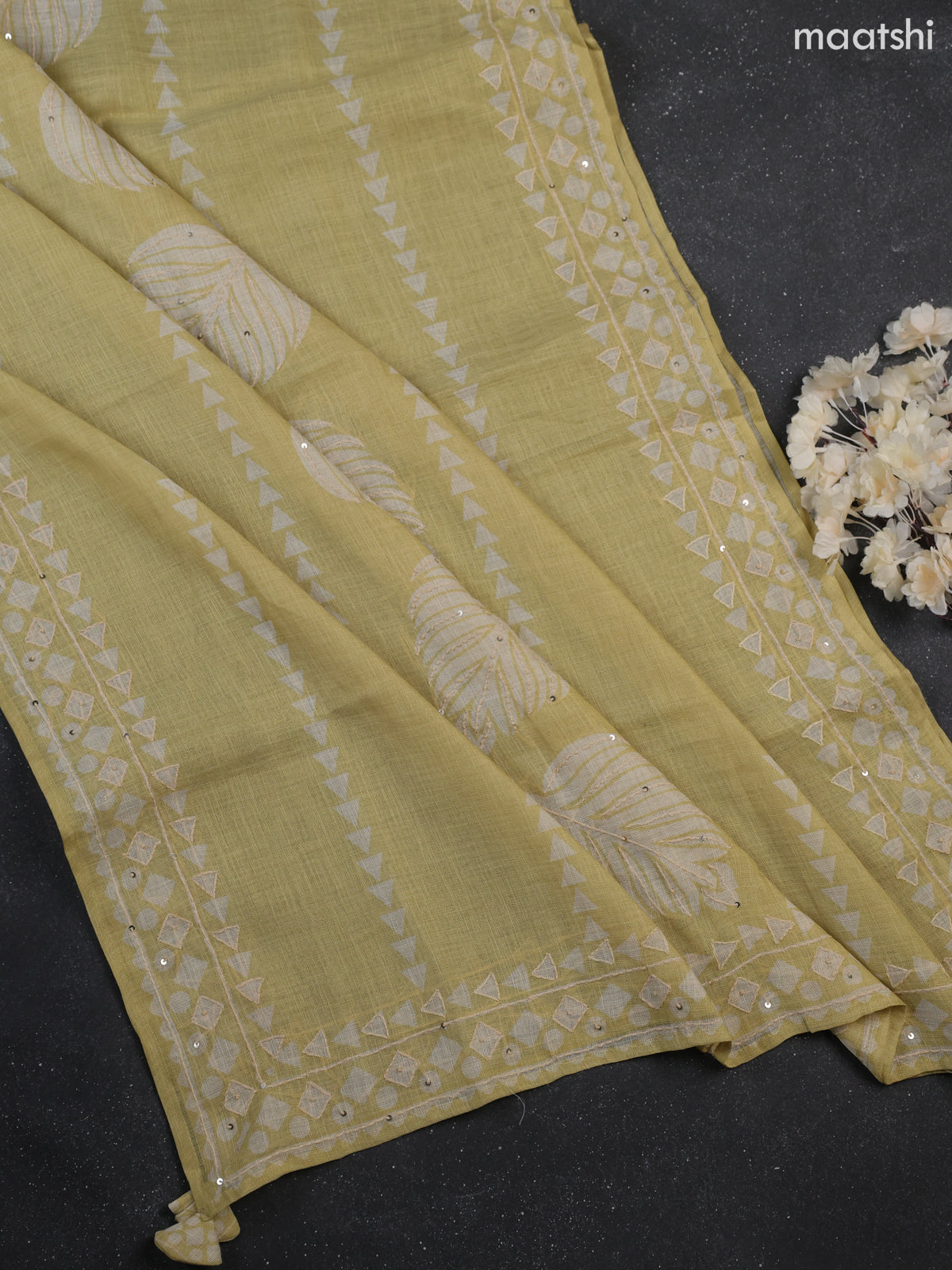 Mild Pista Green Tissue Linen Dress Material With Allover Floral Prints & Kantha Stitch Work Pattern