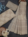 Beige Tissue Linen Dress Material With Allover Floral Prints & Kantha Stitch Work Pattern